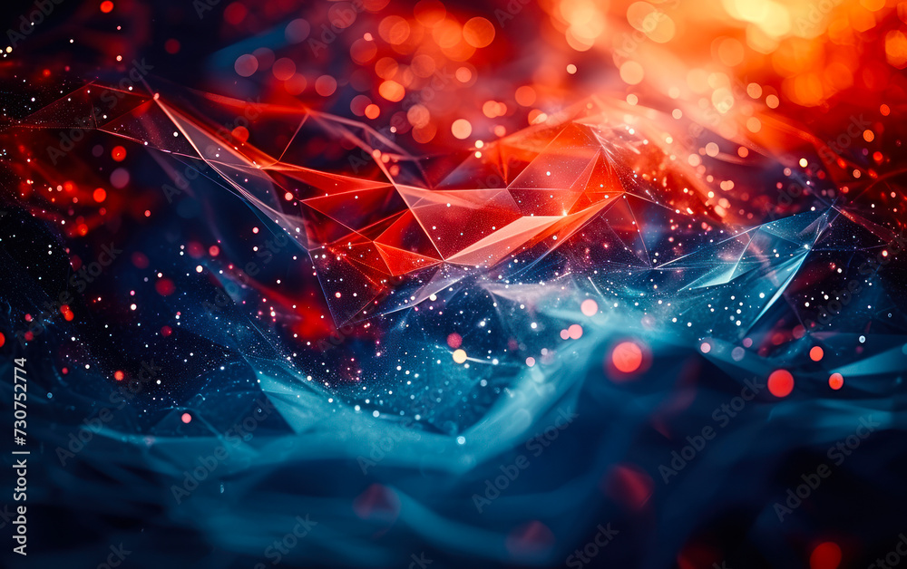 Poster abstract geometric background with a dynamic red and blue polygonal structure, symbolizing network c