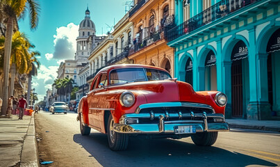 Obraz premium Vintage red classic car cruising on a sunny street in Havana with historical architecture and tropical vibes, capturing the essence of old Cuba