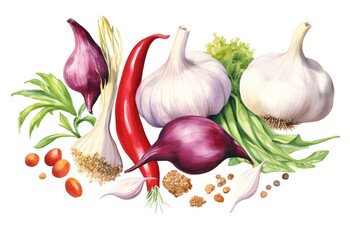 vegetables herbs and spices watercolor drawing set isolated on white background