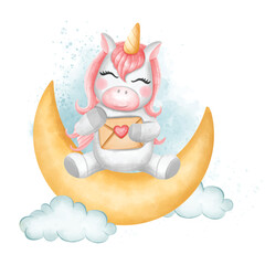 Valentine Unicorn carrying an envelope sitting on a crescent moon