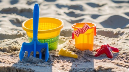 Fototapeta na wymiar Beach toys, plastic bucket, shovel on the sand