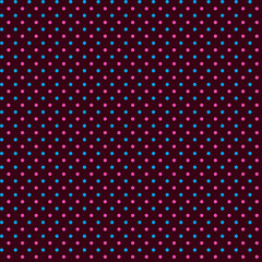 Abstract geometric seamless fabric Bright pink and blue polka dots on a dark burgundy background