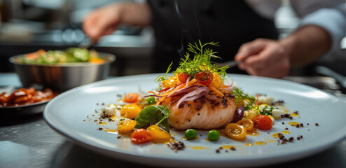 Professional chef in kitchen, Prepared gourmet dish being in a high-end restaurant kitchen. Generative AI.