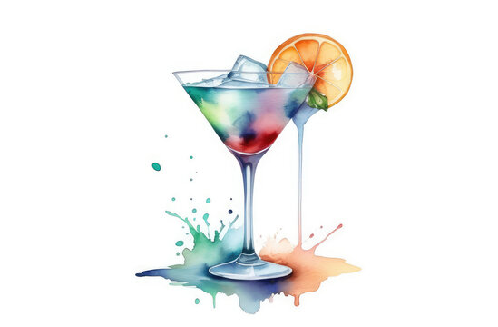 watercolor illustration of refreshing fruit cocktail. alcohol drink in glass with orange slice, ice.