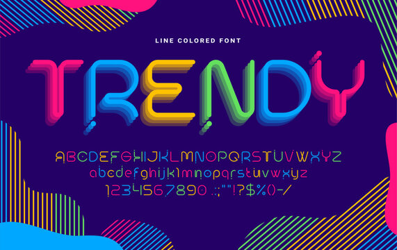 Modern font of neon light line typeface, abstract round geometric type, vector English alphabet. Neon light font letters with glow effect of electric fluorescent layers, color typography ABC for club
