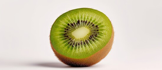 A halved kiwi fruit, a powerful superfood, showcased on a white background. This Hardy kiwi, a natural and delicious fruit, is an accessory fruit of a terrestrial flowering plant.