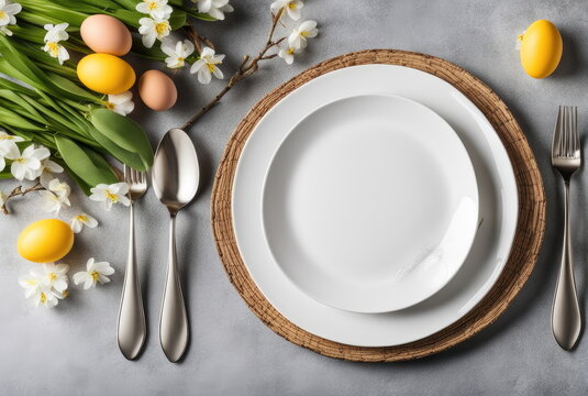 Elegant Easter Table Setting with Flowers and Eggs