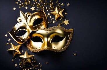 Purim carnival masks, top view. golden mask, gift box and confetti on black background, flatlay