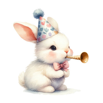 recommend clip art: Bunny wearing a party hat and blowing a horn.  watercolor illustration. easter day clipart.