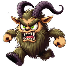 Angry Goat Monster Running Front View, Cartoon Style Transparent Background