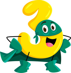 Obraz premium Cartoon math number three superhero character with expressive and charming smile. Isolated vector yellow colored digit 3 super hero personage for children books and mathematics educational materials