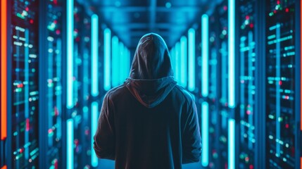 Hacker in hoodie stealing information from database server room, behind view, security breach - obrazy, fototapety, plakaty
