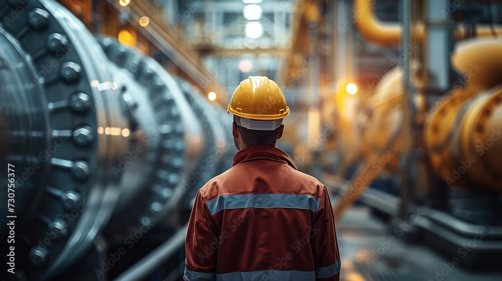 Poster The worker wearing a hard hat, stands in focus while the big air compressor running inside factory, showcasing the worker role in the dynamic factory process. Generative AI.