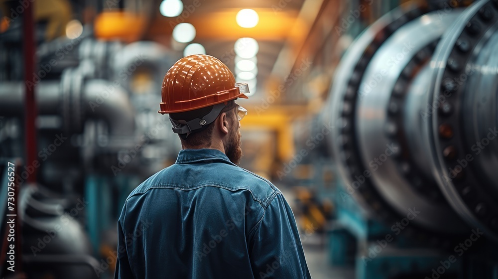 Aufkleber The worker wearing a hard hat, stands in focus while the big air compressor running inside factory, showcasing the worker role in the dynamic factory process. Generative AI.