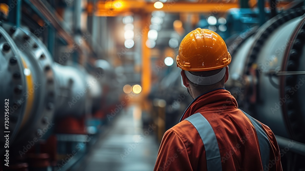 Aufkleber The worker wearing a hard hat, stands in focus while the big air compressor running inside factory, showcasing the worker role in the dynamic factory process. Generative AI.