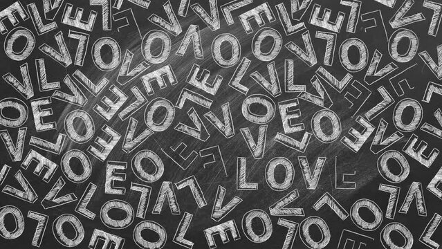 LOVE. Animated background with letters L O V E. Valentines Day. Wedding ornament. Chalk drawn illustration.