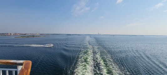 ferry view from the back to the ocean