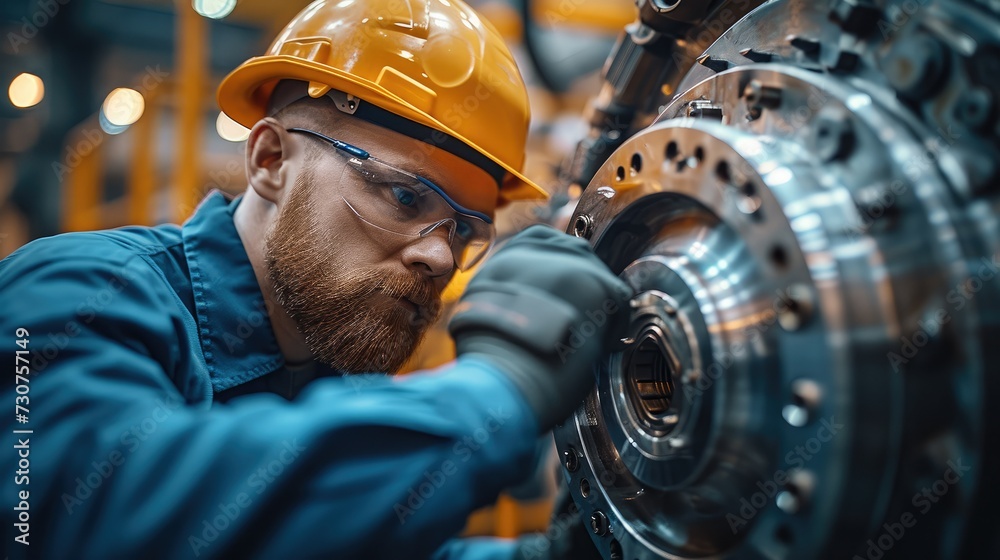 Poster A professional mechanical engineer is operating advanced machinery in an industrial plant to ensure the quality of production. Generative AI.