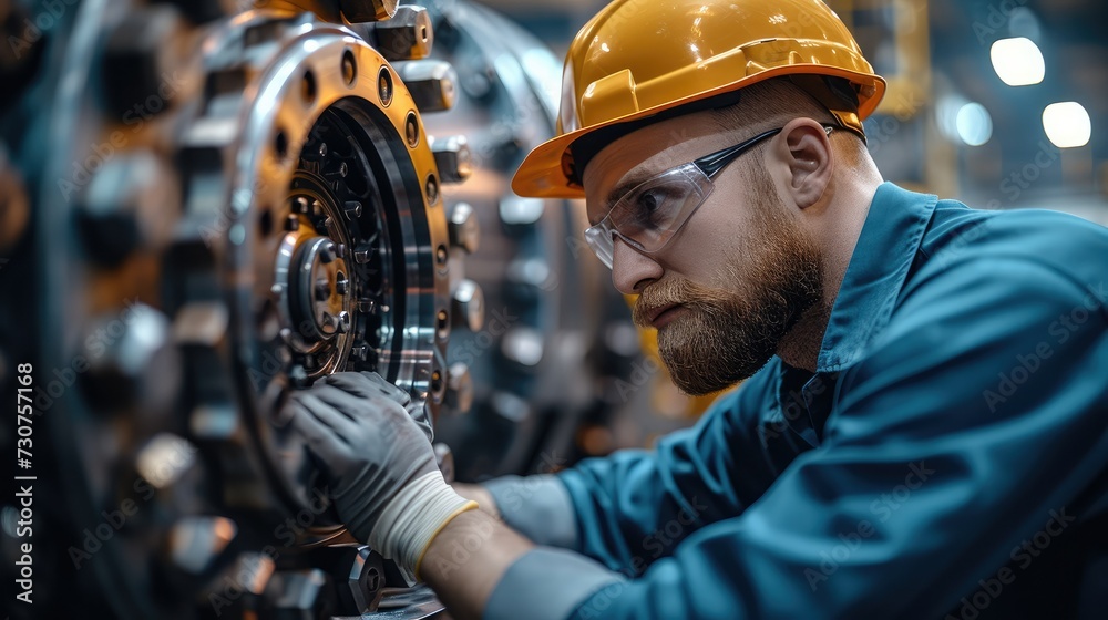 Poster a professional mechanical engineer is operating advanced machinery in an industrial plant to ensure 