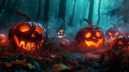 Scary carved pumpkins with evil eyes in the dark cloudy forest, bats flying - obrazy, fototapety, plakaty
