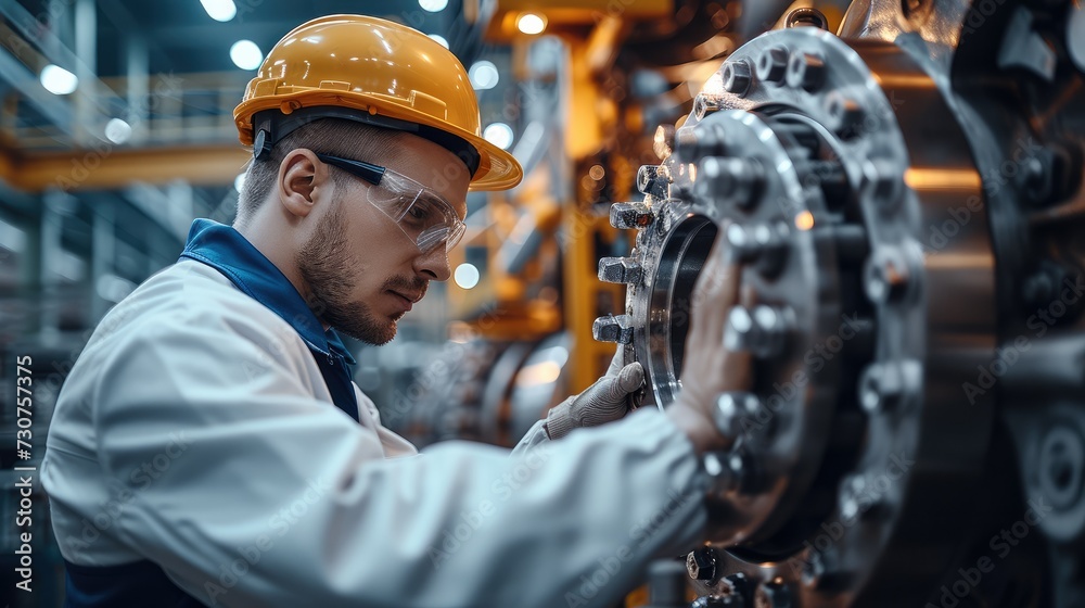Poster a professional mechanical engineer is operating advanced machinery in an industrial plant to ensure 