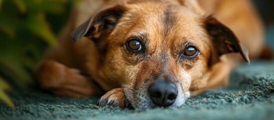 A fawn-colored dog with whiskers, fur, and a snout is resting on a green carpet, gazing directly at the camera.