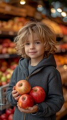 Fototapeta premium Youngster in a grocery store cart holding an apple. wholesome cuisine for children