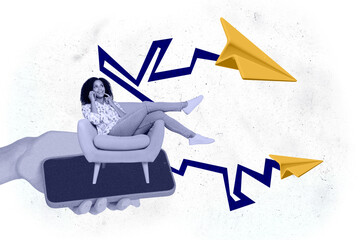 Composite collage photo of young ukrainian woman lying relaxed on armchair phone call message airplane isolated over white color background