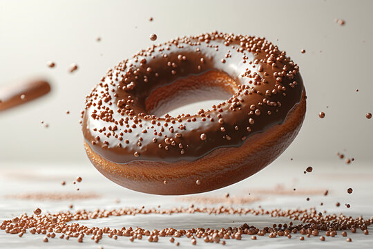 Chocolate donut with chocolate icing and sugar sprinkles floating . Exploded view. Concept image for seeing in components, layers or stacking elements. 