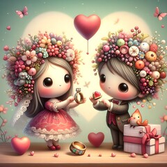 Obraz na płótnie Canvas Whimsical cute wedding couple valentine illustration