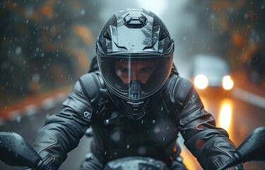 Man with a thumb u. wearing black protective motorcycle gear