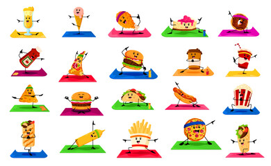 Cartoon fast food characters on yoga fitness sport. Vector cocktail, ice cream, chicken drumstick and cheesecake. Donut, ketchup or mustard bottles, pizza, burger, cola and coffee cups, hot dog, taco