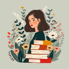 girl with books and flowers illustration.