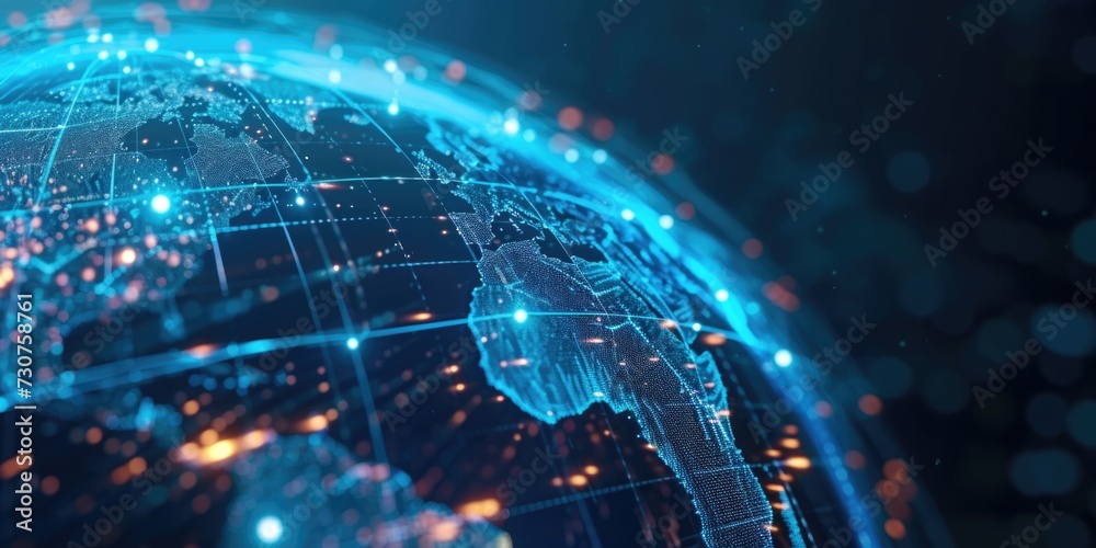 Poster a detailed close-up view of a globe with lights illuminating its surface. perfect for educational or