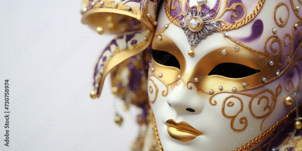 Poster A close-up shot of a mask resting on a table. Perfect for adding an element of mystery and intrigue to your designs