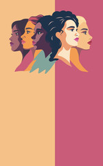 Vector flat card with vertical banner and poster for text for Women's Day. Strong women of different nationalities stand side by side together. Gender equality, protection of women's rights freedoms