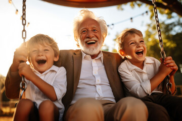 Obraz premium Old man with grandchildren on swing. Embracing family bonding and joyful moments in the sunlit countryside, cherishing intergenerational connections and outdoor playtime