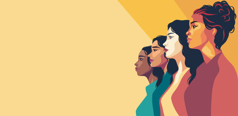 Vector horizontal banner for Women's Day, women of different nationalities stand side by side. Vector concept of movement for gender equality and women's empowerment - obrazy, fototapety, plakaty