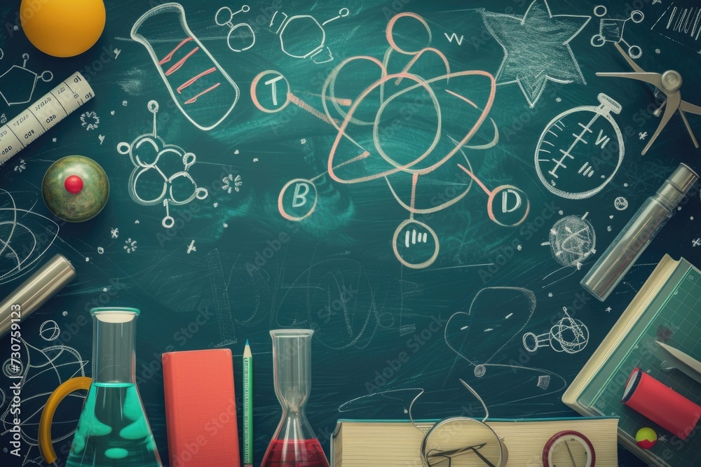 Poster A blackboard with various science related items. Can be used for educational purposes or as a background for science-themed projects