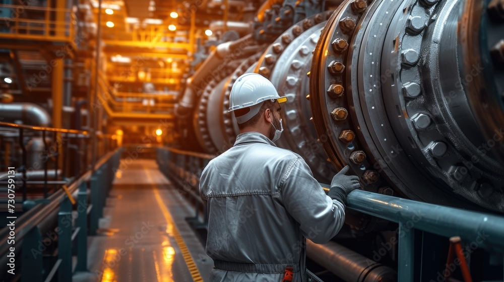 Poster a worker in a thermal power plant is repairing equipment, surrounded by knowledge of thermodynamics 