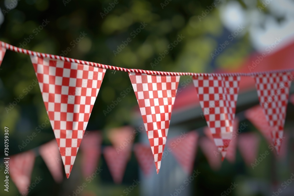 Aufkleber A row of red and white checkered bunting flags. Perfect for adding a festive touch to any celebration or event