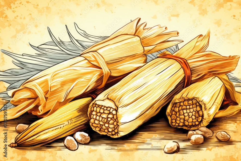 Poster a drawing of corn and nuts placed on a table. perfect for food and harvest-themed projects