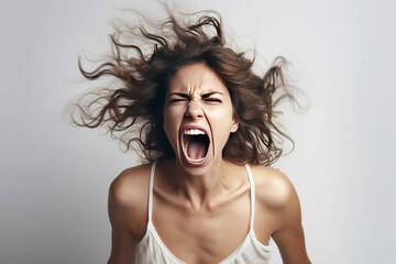 Close-up of a young woman angry, screaming in a scandal, white background isolate.