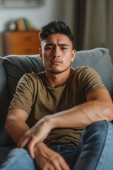 Fototapeta premium A man sitting on a couch with his hands resting on his knees. This image can be used to portray relaxation, contemplation, or boredom