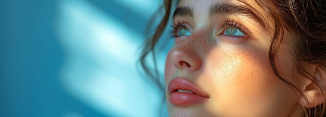 Portrait of a woman, her physique, her skincare regimen, and the use of light and shadow to create an art deco aesthetic in a studio setting