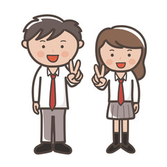 笑顔でピースをする制服姿のかわいい男女高校生カップルのイラスト