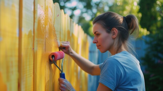 A woman is shown painting a yellow fence with a paint roller. This image can be used to depict home improvement, DIY projects, or outdoor maintenance