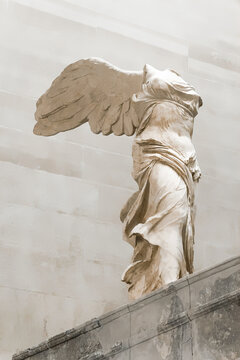 Winged Victory (Nike) of Samothrace, marble hellenistic sculpture in Louvre Museum. Paris, . July 10, 2019