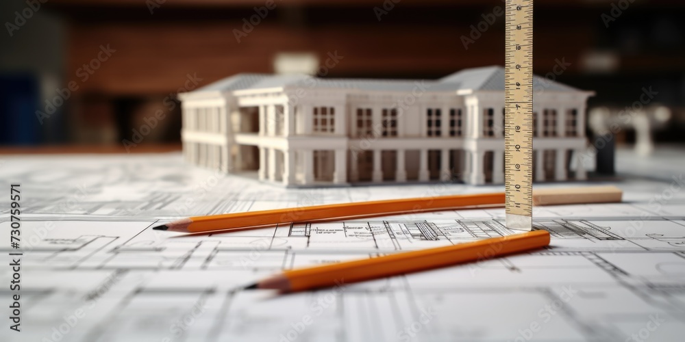 Poster A pencil and ruler are placed on top of a blueprint. Suitable for architectural and engineering concepts