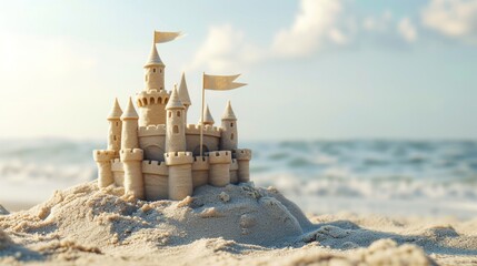 Castle made of sand on the beach with flag on it - obrazy, fototapety, plakaty